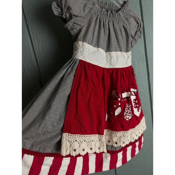Persnickety Girls Christmas Dress Gray Red White Holiday Stocking Appliqué 2T - Picture 2 of 6